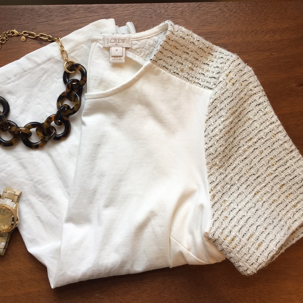 EC J.Crew Mixed Media Tweed-Sleeve Tee, Medium